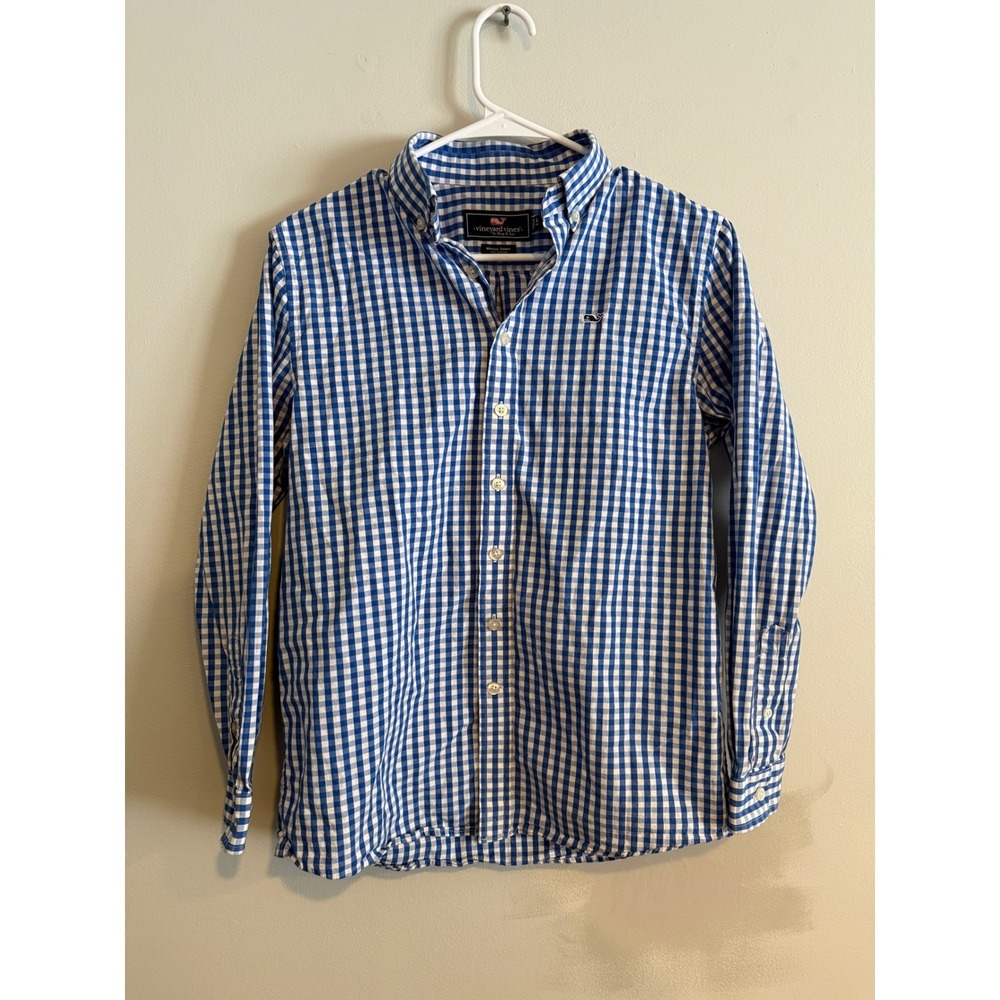 Vineyard Vines Boys L 16 Whale Shirt Blue White Gingham Button Down Long Sleeve